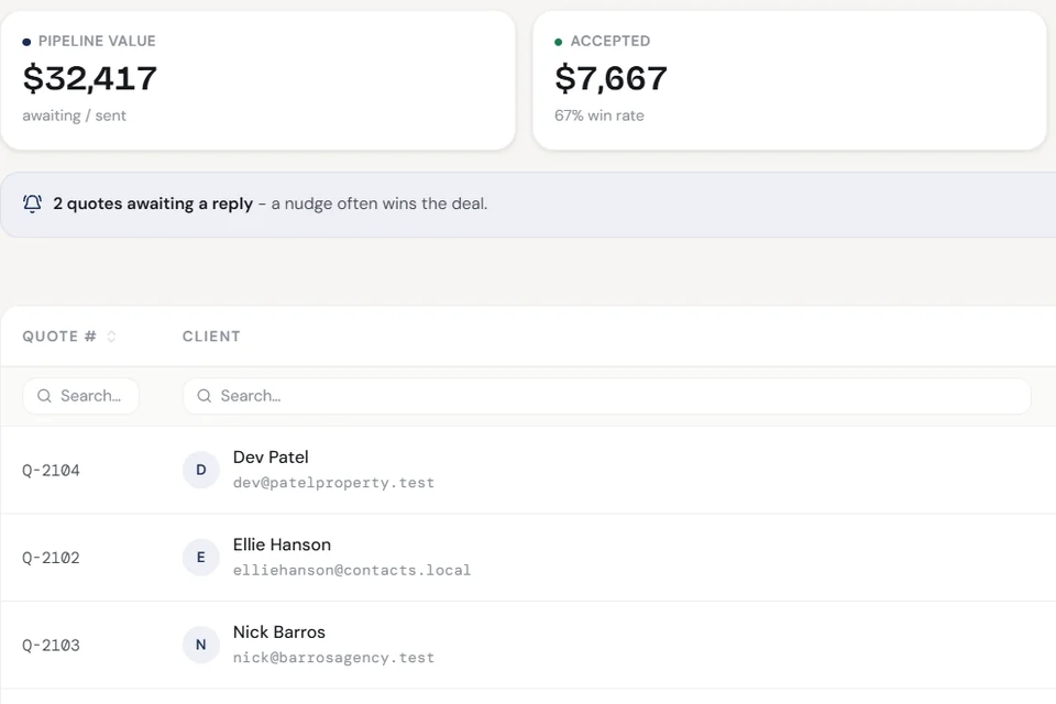 The Quotes space, showing pipeline value, win rate, and a list of quotes with their amounts and status.